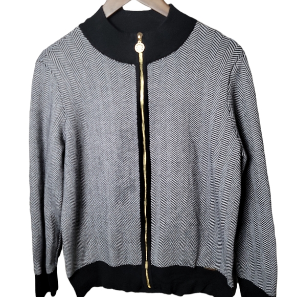 Anne Klein Sweaters - Anne Klein Womens Herringbone/ Black & White /Gold ZipSweaterJacket/Size L / EUC